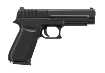 Isolated handgun studio shot showcasing a black metal automatic pistol for self defense or military use