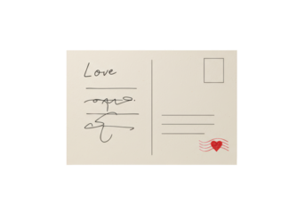 Isolated postcard with handwritten love message and stamp, illustration, beige paper