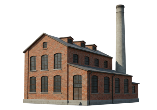 Isolated brick building with tall chimney for factory or plant construction without people - Powered by Adobe