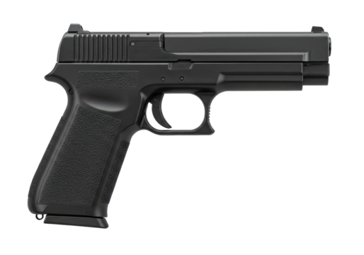 Isolated handgun studio shot showcasing a black metal automatic pistol for self defense or military use