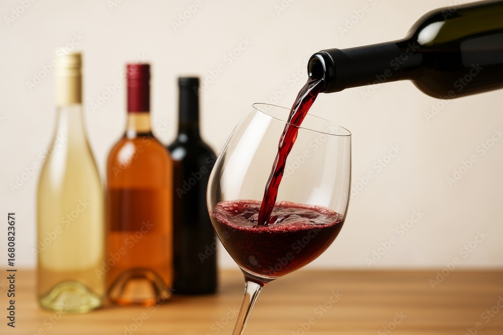 Poster pouring red wine into glass with blurred wine bottles in background on wooden surface and light abst