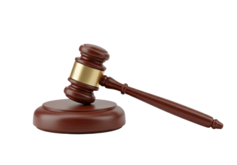 Isolated wooden judge gavel and sound block, symbol of law and legality. Dark finish