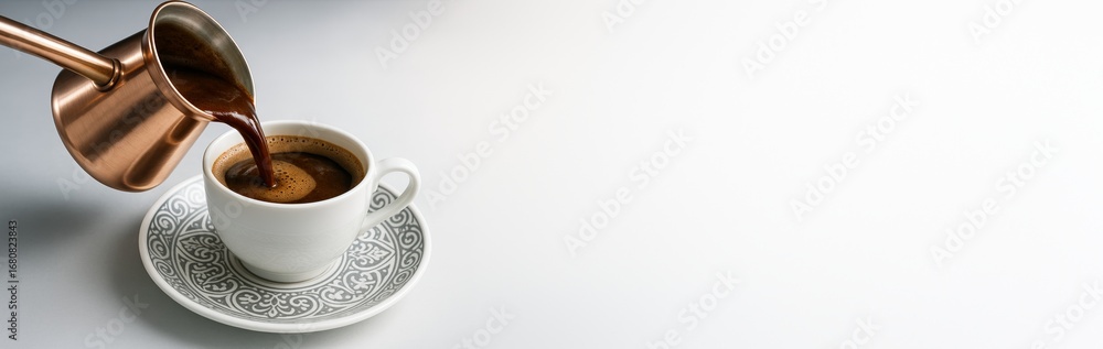 Poster freshly brewed coffee being poured into a patterned cup on saucer with elegant light background and 