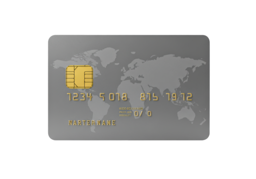 Isolated credit card depicting a world map, contactless payments, and financial security.