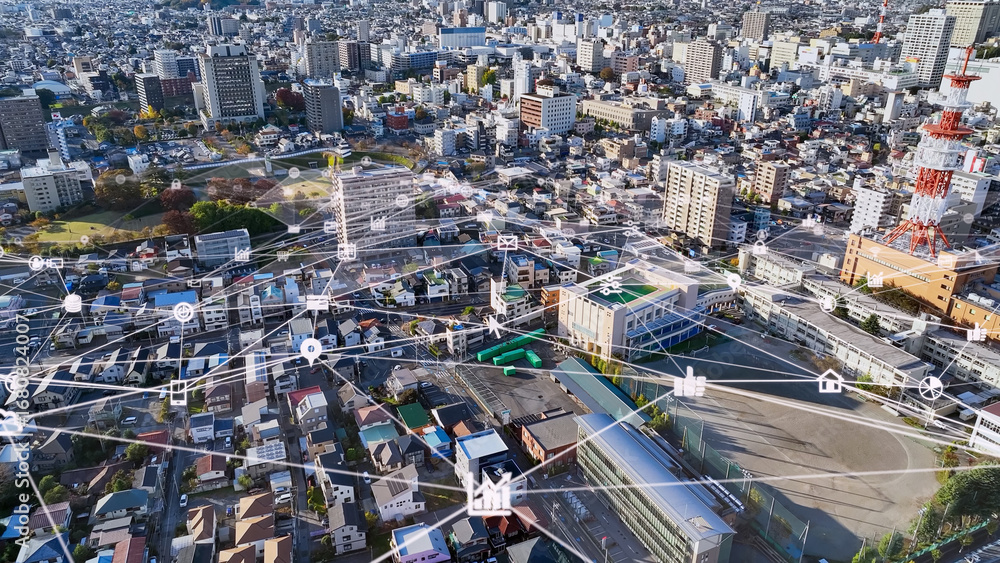 Poster ネットワーク、都市、スマートシティ、空撮、ドローン、俯瞰、社会、学校、住宅、施設、ビジネス、アプリ、sns、gps、gis、6g、haps、lpwa、dtc、位置情報、回線、ワイヤレス、電波、基地局、