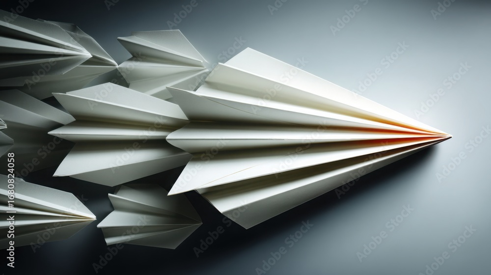 Poster minimalistic paper airplane on smooth surface representing concept of smart delivery and innovation 