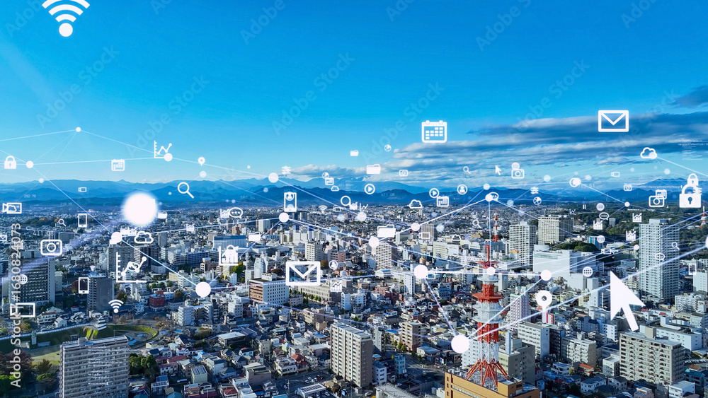 Poster 都市、社会、ネットワーク、アプリ、sns、アイコン、空撮、ドローン、dx、テクノロジー、技術、産業、ビル群、建設、行政、地方、展望、パノラマ、俯瞰、景色、地平線、青空、環境、共生、ファイル、データ、ク