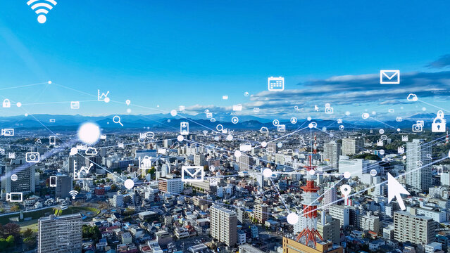 都市、社会、ネットワーク、アプリ、SNS、アイコン、空撮、ドローン、DX、テクノロジー、技術、産業、ビル群、建設、行政、地方、展望、パノラマ、俯瞰、景色、地平線、青空、環境、共生、ファイル、データ、クラウド、ERP、ワイヤレス、ブロックチェーン、アップロード、システム、未来、回線、電波、基地局、6G、HAPS、LPWA、DTC、ソーシャルメディア、通信、デジタル、トランスフォーメーション、IoT、