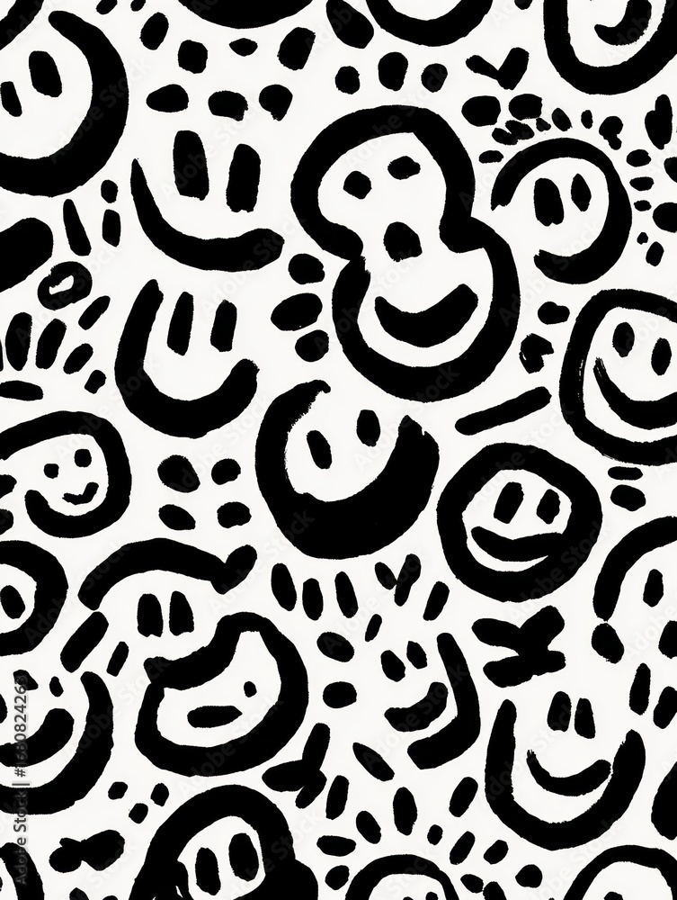 Poster delightful black and white smiley faces pattern with playful designs and abstract elements capturing