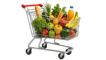 Modern Shopping Cart Filled with Fresh Groceries PNG