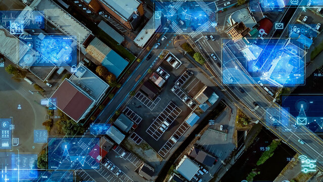 Modern city aerial view and social network concept