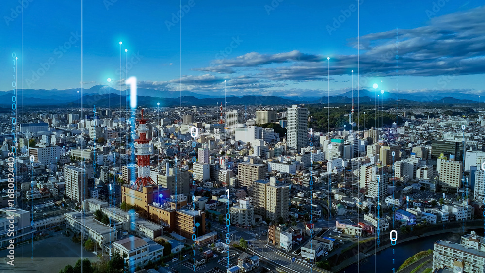 Poster 都市、ドローン、空撮、dx、テクノロジー、デジタル、ネットワーク、アップロード、成長、発展、アップデート、バージョンアップ、建設、社会、都会、ビル群、インフラ、バイナリコード、ブロックチェーン、上昇、
