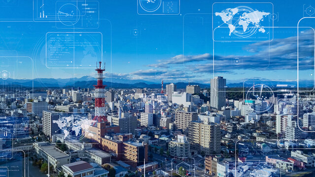 Modern city aerial view and digital technology concept