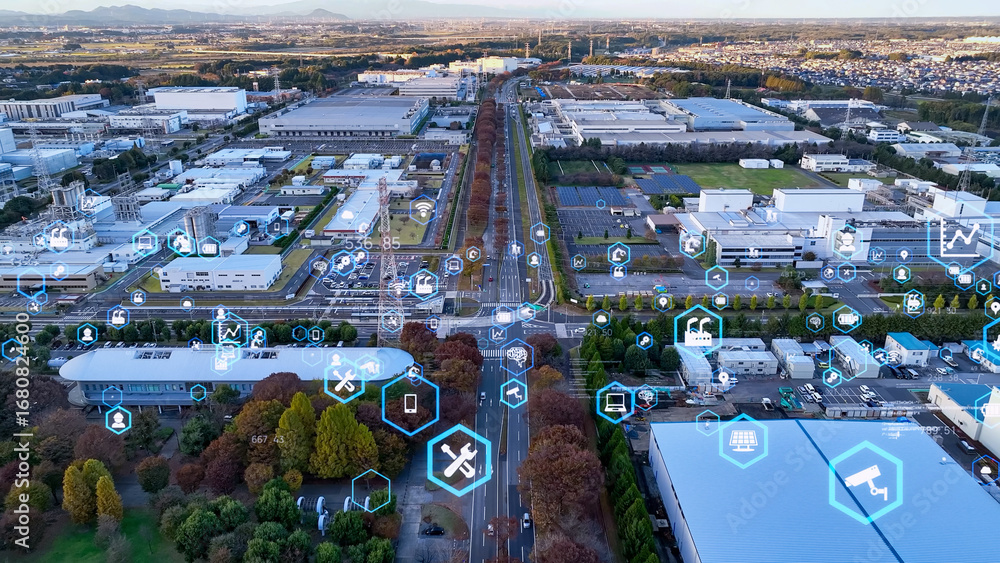 Poster 工場、工業、産業、プラント、工業地帯、iiot、dx、ドローン、空撮、俯瞰、ものづくり、製造、製造業、生産、scm、サプライチェーン、マネジメント、カイゼン、iot、ai、ファクトリーオートメーション