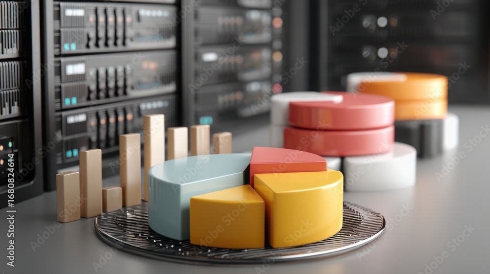 Aufkleber assorted colorful objects forming a rising pie chart from a server base illustrating backend analyti