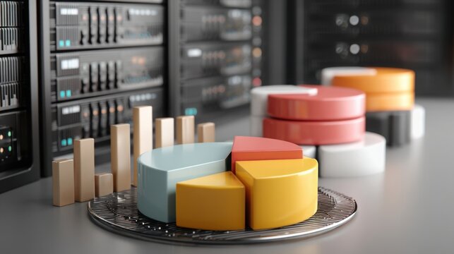 Assorted colorful objects forming a rising pie chart from a server base illustrating backend analytical concepts