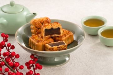 Delicious Cantonese moon cake for Mid-Autumn Festival food mooncake with bean paste.