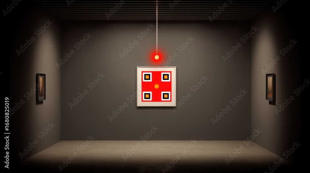 Poster striking red light hanging from a ceiling illuminating a qr code inside a glowing box for smart acce