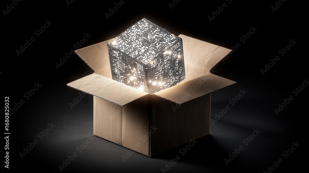 Poster bright light nestled inside a box with a qr code signifying smart access technology and innovative d