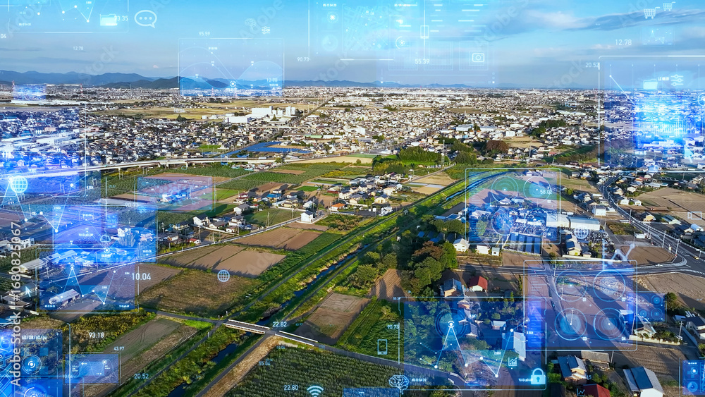 Poster 地方、都市、テクノロジー、未来、システム、グラフ、社会、ネットワーク、住宅、不動産、開発、gui、dx、ict、erp、分析、科学、経済、金融、ビジネス、マーケティング、空撮、俯瞰、ドローン、ハイアン