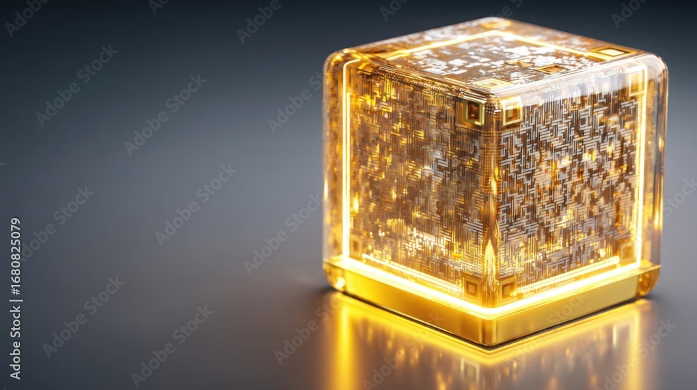 Poster elegant gold cube presented as a qr code symbolizing smart access technology and innovative product 