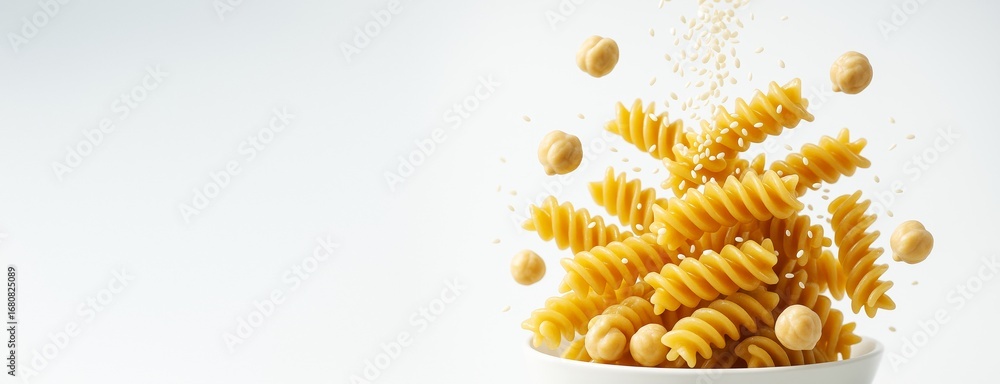 Poster chickpea fusilli pasta spirals with sesame seeds flying above a white bowl on light background with 