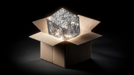 Bright light nestled inside a box with a qr code signifying smart access technology and innovative design concepts