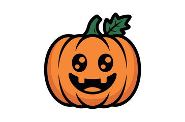 Cute Cartoon Halloween Pumpkin with Autumnal Leaves