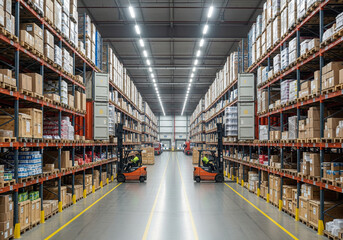 Expansive industrial warehouse interior with forklifts operating in a long aisle between tall racks filled with merchandise for distribution