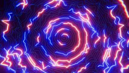 Bright neon light forming concentric circles and radiating energy waves, creating a vibrant and dynamic visual effect