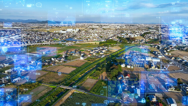 地方、都市、テクノロジー、未来、システム、グラフ、社会、ネットワーク、住宅、不動産、開発、GUI、DX、ICT、ERP、分析、科学、経済、金融、ビジネス、マーケティング、空撮、俯瞰、ドローン、ハイアングル、展望、パノラマ、地平線、風景、景色、景観、サイバー、画面、ソリューション、ソフトウェア、データ、農地、行政、自治体、田舎、交通、インフラ、住宅地、クラウド、情報、IT、デジタル、デジタルトランス