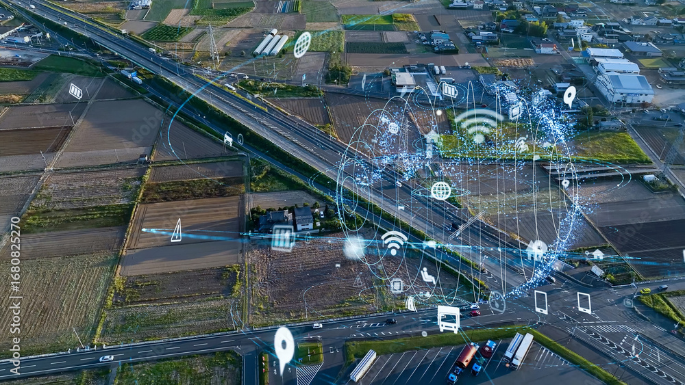 Poster 道路、交通、ネットワーク、自動車、インフラ、高速道路、ハイウェイ、社会、iot、dx、ai、自動運転、通信、インターネット、オンライン、web、農業、農地、駐車場、クルマ、データ、ワイヤレス、無線、i