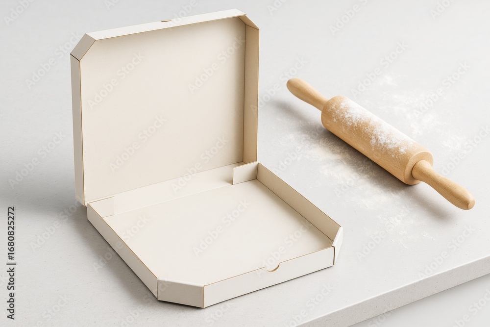 Aufkleber open blank pizza box mockup on white counter with wooden rolling pin dusted in flour next to it, ide