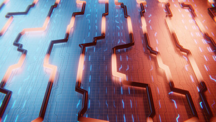Complex electronic circuit board rendering glowing with blue and orange lights, symbolizing data flow and advanced technology