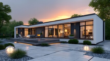 Modern house exterior dusk view