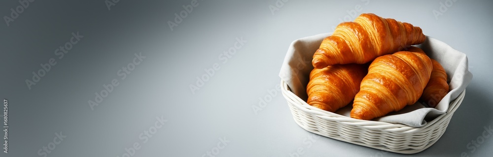 Poster fresh croissants in white wicker basket on soft gradient background with copyspace for bakery advert