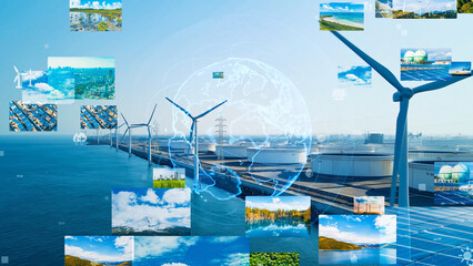 Aerial view of wind farm and environmental technology concept