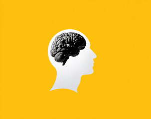 White human head silhouette with realistic black brain inside on vibrant yellow background symbolizing intelligence and thought Generative AI