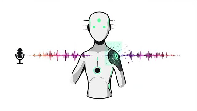 Futuristic humanoid robot with soundwave visualization and microphone, illustrating AI interaction