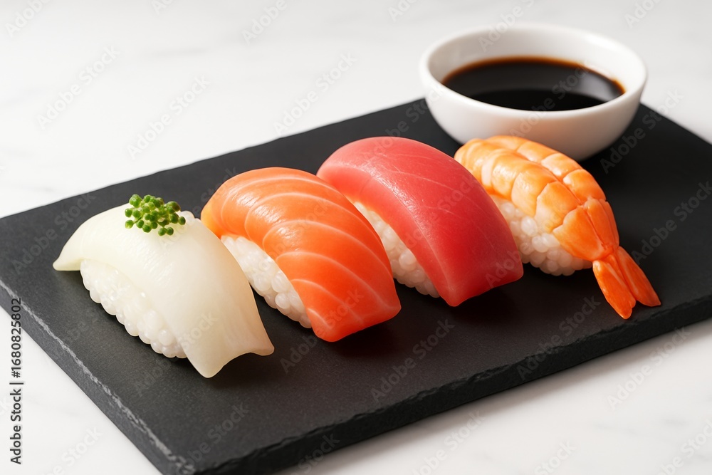 Poster assorted nigiri sushi with soy sauce served on black slate plate on white background in bright light