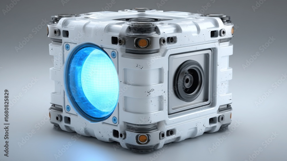 Aufkleber white camera with blue light illustrating visual data recognition through a robotic eye scanning tec