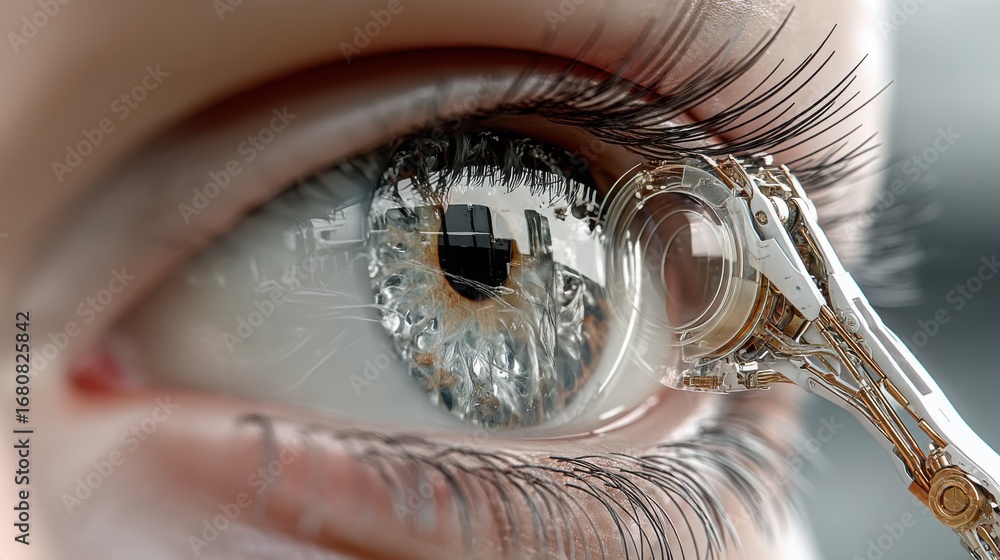 Aufkleber woman's eye with scissors representing intelligence in a robotic eye with magnifier overlay for conc