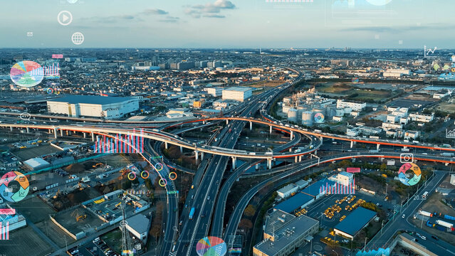 都市交通の空撮と統計データのコンセプト