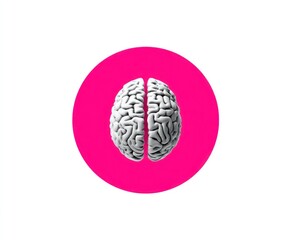 White 3D brain split in half against vibrant pink circle on white background symbolizing duality of mind, thought, and intelligence Generative AI