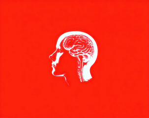 Human head in profile with visible brain and spine on vivid red background symbolizing intelligence, anatomy, and cognitive science Generative AI