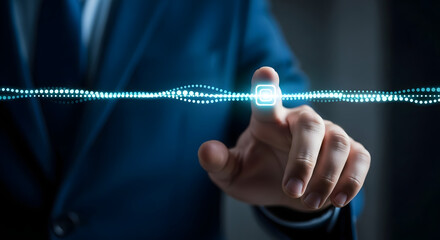 Businessman s finger touches glowing digital waveform representing futuristic technology and data