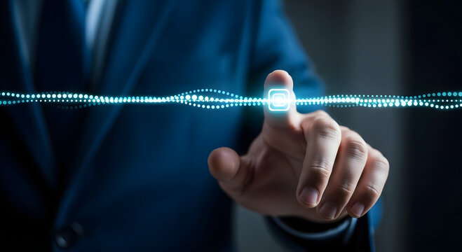 Businessman s finger touches glowing digital waveform representing futuristic technology and data