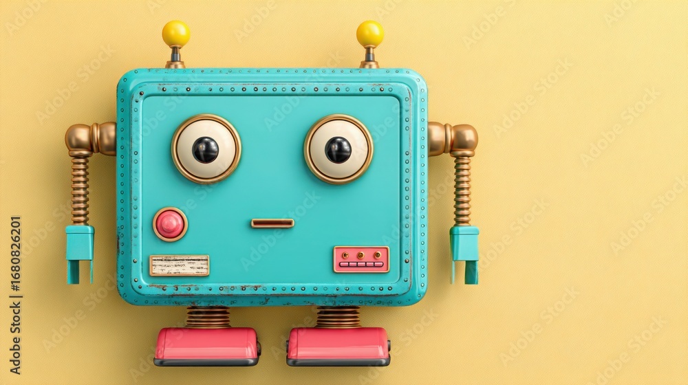 Poster robot with a yellow background displaying a friendly face on a tablet screen as a smart assistant co