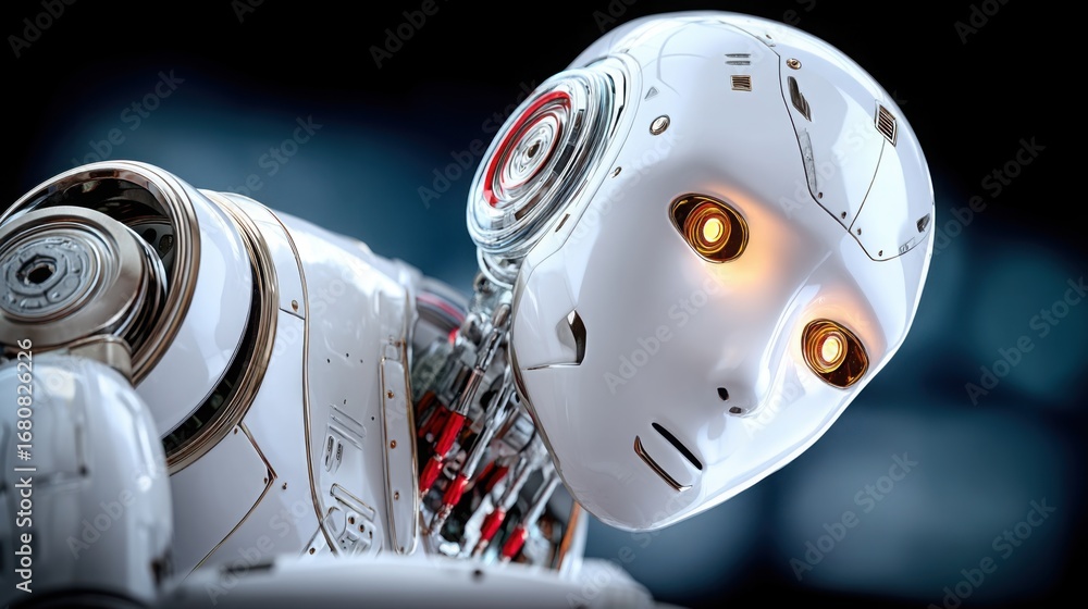 Aufkleber robot with a glowing eye on tablet screen representing advanced intelligence and smart assistant fun
