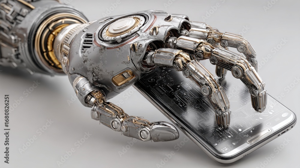 Poster robot hand holding smartphone representing ai-driven mobile technology and advanced communication ca